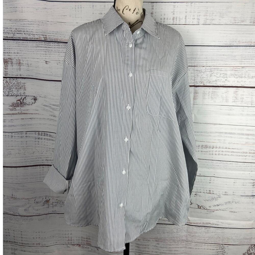 Aisew Button Front Shirt Womens L Pin Striped Long Sleeve Collared Gray NEW